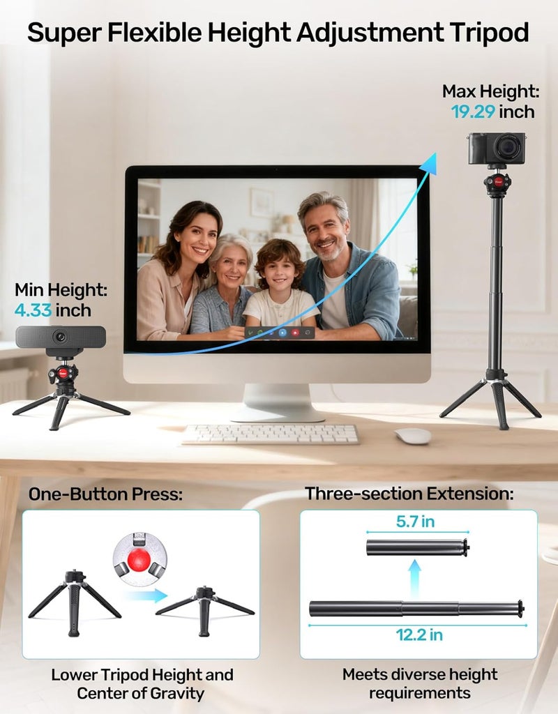 Etour Webcam Tripod Stand, Height Extendable Tripod with 360° Swivel Balhead for Webcam/Camera/Phone, for NexiGo N60 Logitech Webcam C920 C922 C922x C925e C930 C930e C615 Brio 4K with 1/4" Thread - Image 2
